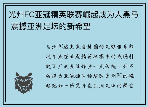 光州FC亚冠精英联赛崛起成为大黑马 震撼亚洲足坛的新希望
